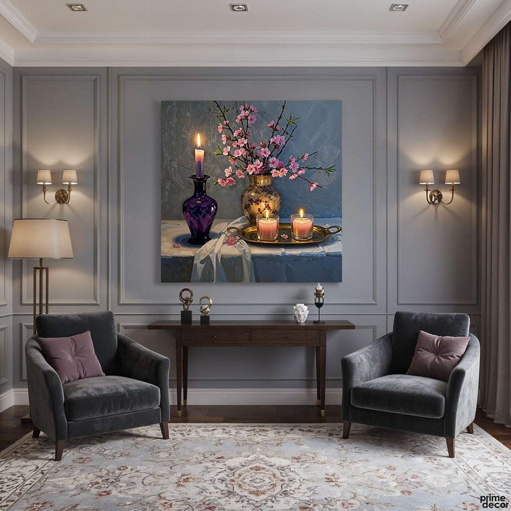 Candlelight and Blossom Flowers Still Life (Single Panel) Digital Painting Wall Art