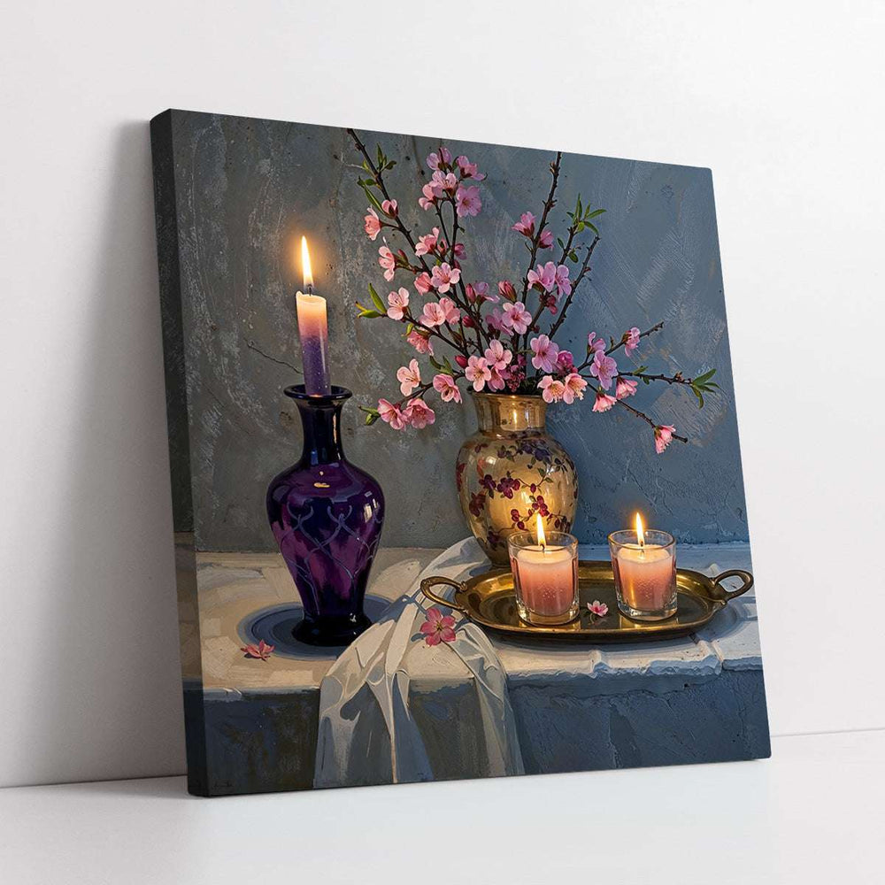 Candlelight and Blossom Flowers Still Life (Single Panel) Digital Painting Wall Art