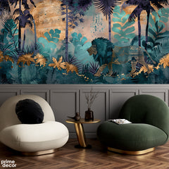Aesthetic Blue & Gold Nature Artwork | Floral Wallpaper Mural