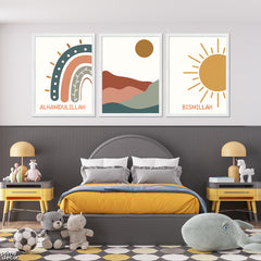 Bismillah & Alhamdullilah With Pastel Mountains (3 Panel) Nursey Wall Art - Prime Décor