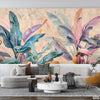 Green & Pink Exotic Leaves Artwork Over Beige Background | Floral Wallpaper Mural