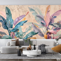 Green & Pink Exotic Leaves Artwork Over Beige Background | Floral Wallpaper Mural