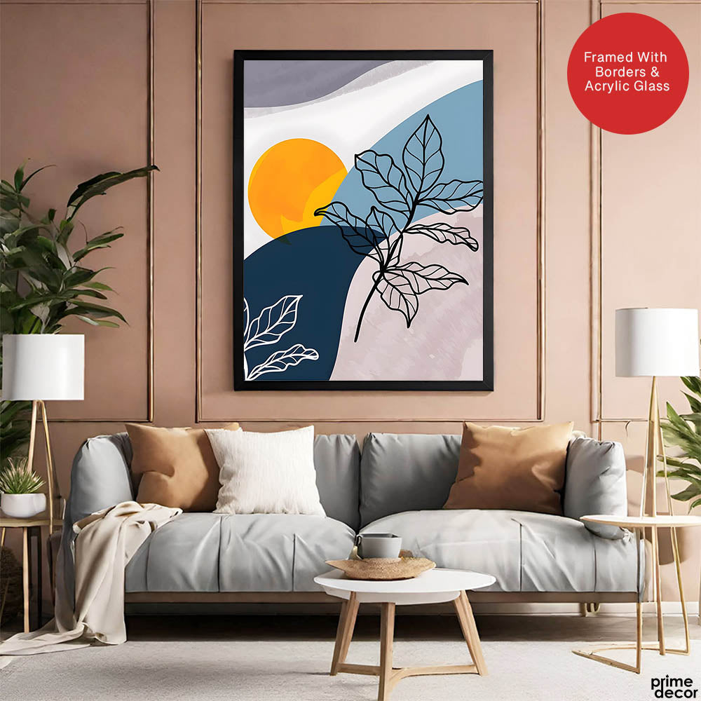 Black & White Floral Design With Moon Over Colorful Background | Abstract Floral Artwork #00294 - Prime Décor