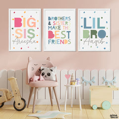 Cute Big Sis & Lil Bro With Customized Names (3 Panel) Nursey Wall Art - Prime Décor