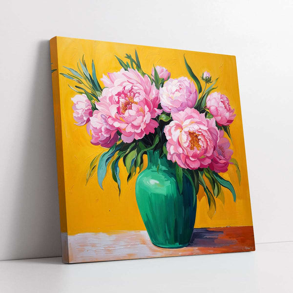 Vibrant Peonies in a Green Vase Digital Painting (Single Panel) Square Wall Art