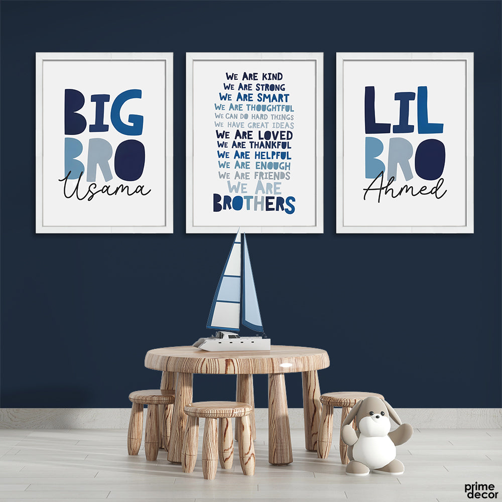 Cute Blue Quote Big Bro & Lil Bro With Customized Names (3 Panel) Nursey Wall Art - Prime Décor