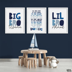 Cute Blue Quote Big Bro & Lil Bro With Customized Names (3 Panel) Nursey Wall Art - Prime Décor