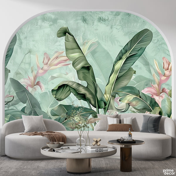 Exotic Dark Green Leaves Over Light Background | Floral Wallpaper Mural
