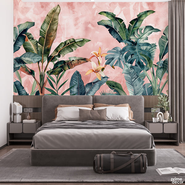 Exotic Dark Green Leaves Over Pink Background | Floral Wallpaper Mural