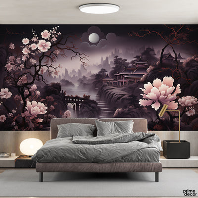 Beautiful Pink & Purple JapaneseStyle Artwork | Landscape Wallpaper Mural