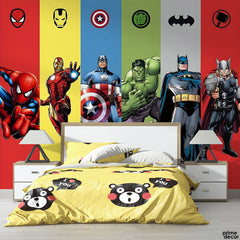 Marvel & DC Superhearos With Colorful Stripes Background | Comics Wallpaper Mural