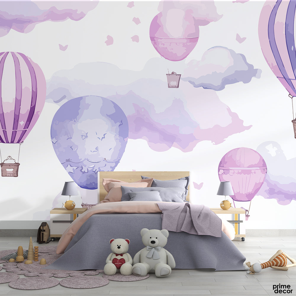 Abstract Blue & Pink Air Balloon With Clouds Wall Art  | Kids Wallpaper Mural - Prime Décor