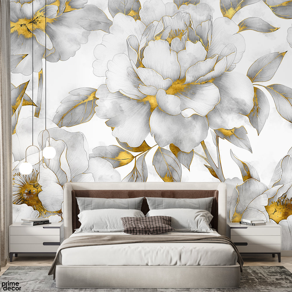 Beautiful White & Gold Flower Over White Background | Floral Wallpaper Mural