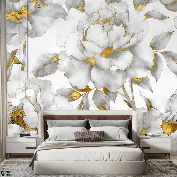 Beautiful White & Gold Flower Over White Background | Floral Wallpaper Mural