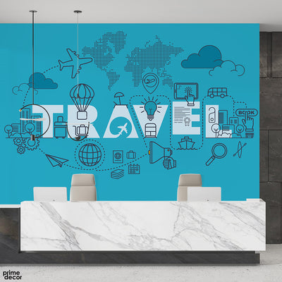 Pencil Artwork Of World Travel With Typography | Travel Wallpaper Mural