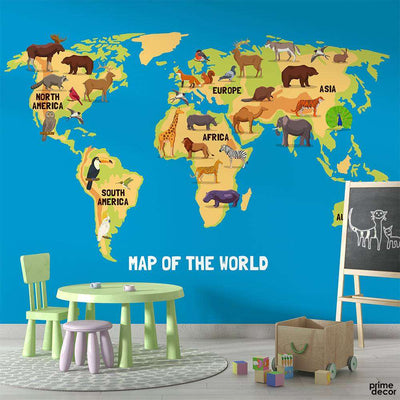 Animal World Map Kids Room | Kids Wallpaper Mural - Prime Décor