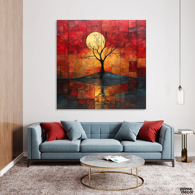 Abstract Beautiful Artwork Of Moon Behind The Tree (Single Panel) Nature Square Wall Art
