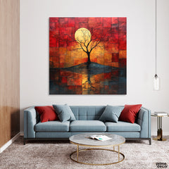 Abstract Beautiful Artwork Of Moon Behind The Tree (Single Panel) Nature Square Wall Art
