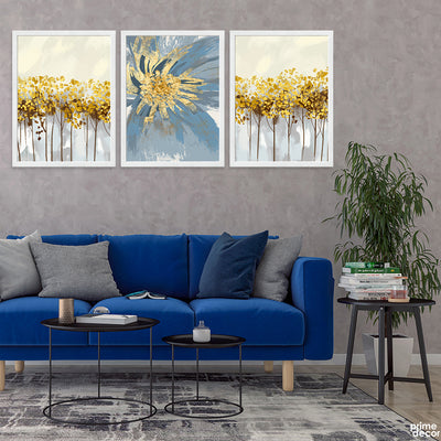 Abstract Blue & Gold Floral Artwork Over White Background (3 Panel) Nature Wall Art