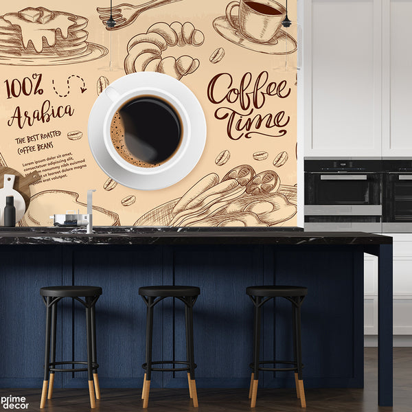 Arabica Coffee Time Typography With Beige Artwork | Cafe Wallpaper Mural