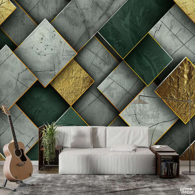 Green Gold & Grey Abstract Geometric Marble Style | Abstract Wallpaper Mural