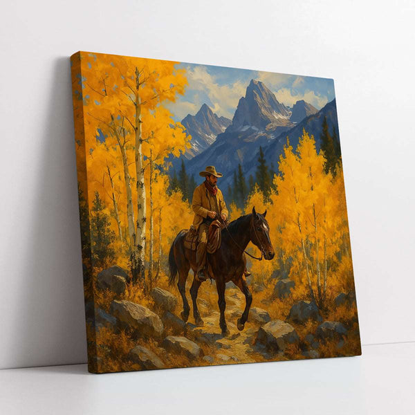 The Horseman on a Mountain Trail Digital Painting (Single Panel) Square Wall Art