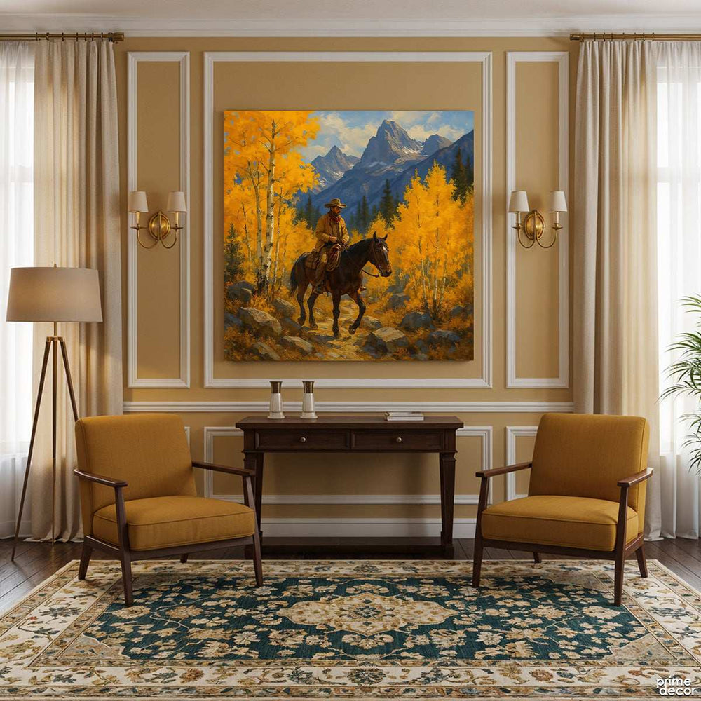 The Horseman on a Mountain Trail Digital Painting (Single Panel) Square Wall Art