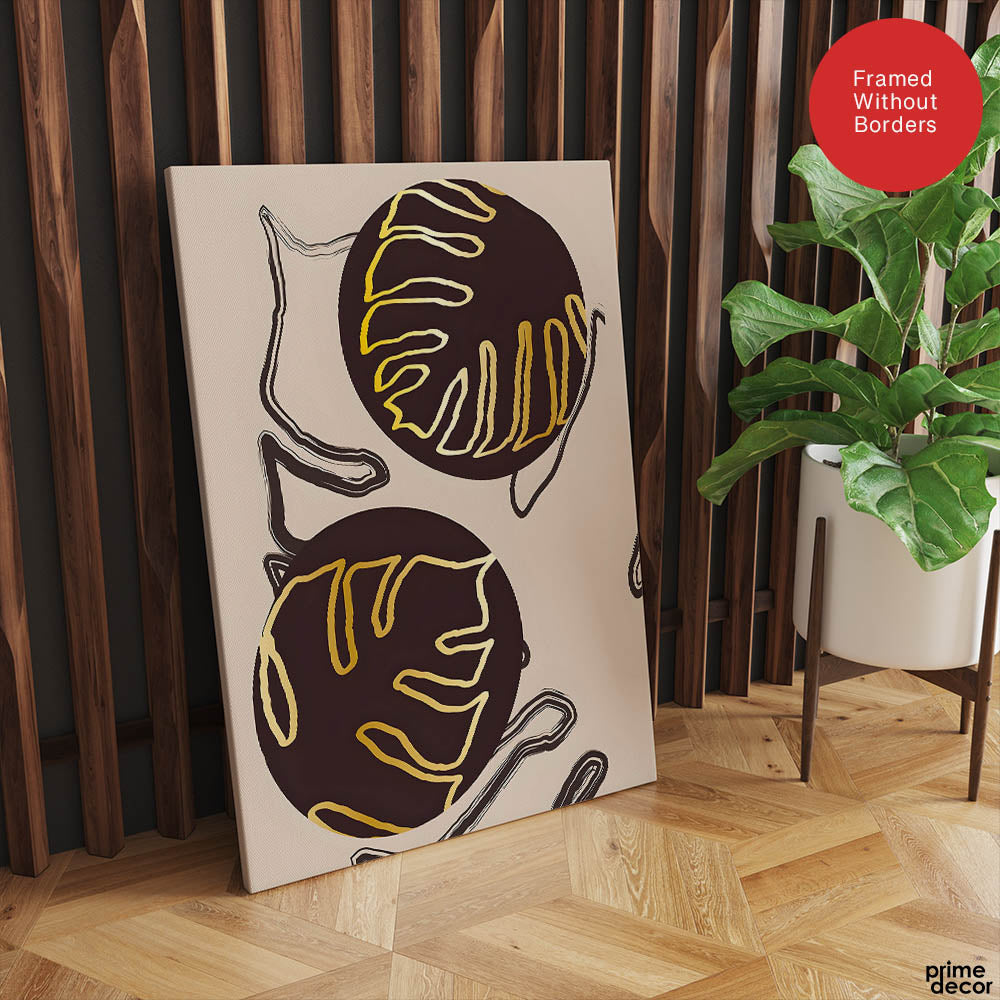 Golden & Purple Brown Tropical Leaves Over Beige Background | Abstract Floral Artwork #00301 - Prime Décor