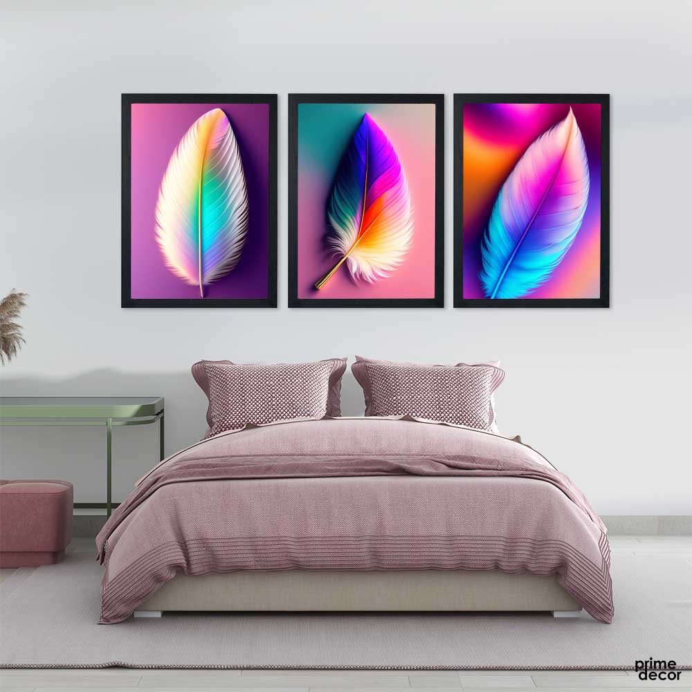 Rainbow Feathers Neon Colors (3 Panel) Feathers Wall Art - Prime Décor