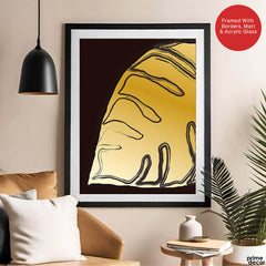 Golden Tropical Leaves Over Purple Brown Background | Abstract Floral Artwork #00302 - Prime Décor