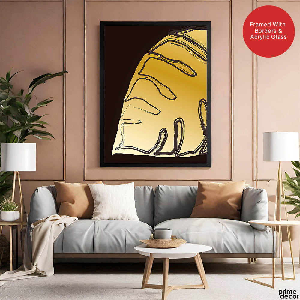 Golden Tropical Leaves Over Purple Brown Background | Abstract Floral Artwork #00302 - Prime Décor