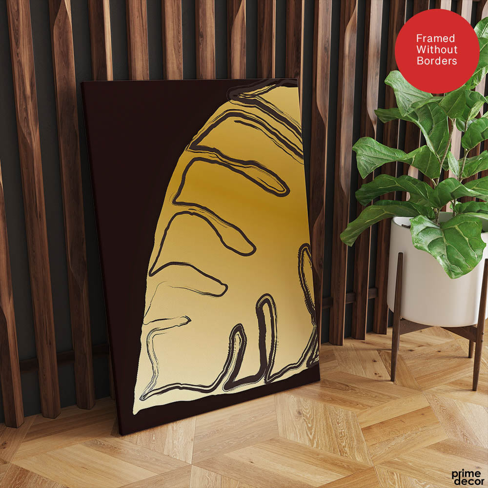 Golden Tropical Leaves Over Purple Brown Background | Abstract Floral Artwork #00302 - Prime Décor