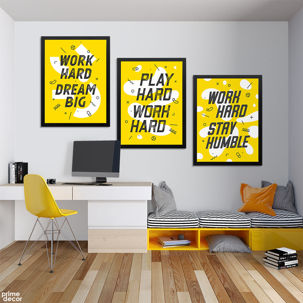 Work Hard Stay Humble Typography On Yellow Background (3 Panel) Office Wall Art - Prime Décor