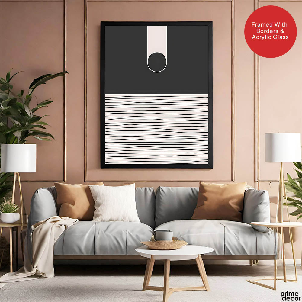 Black & White Linear Design Over Moon Shape Abstract | Abstract Office Artwork #00305 - Prime Décor