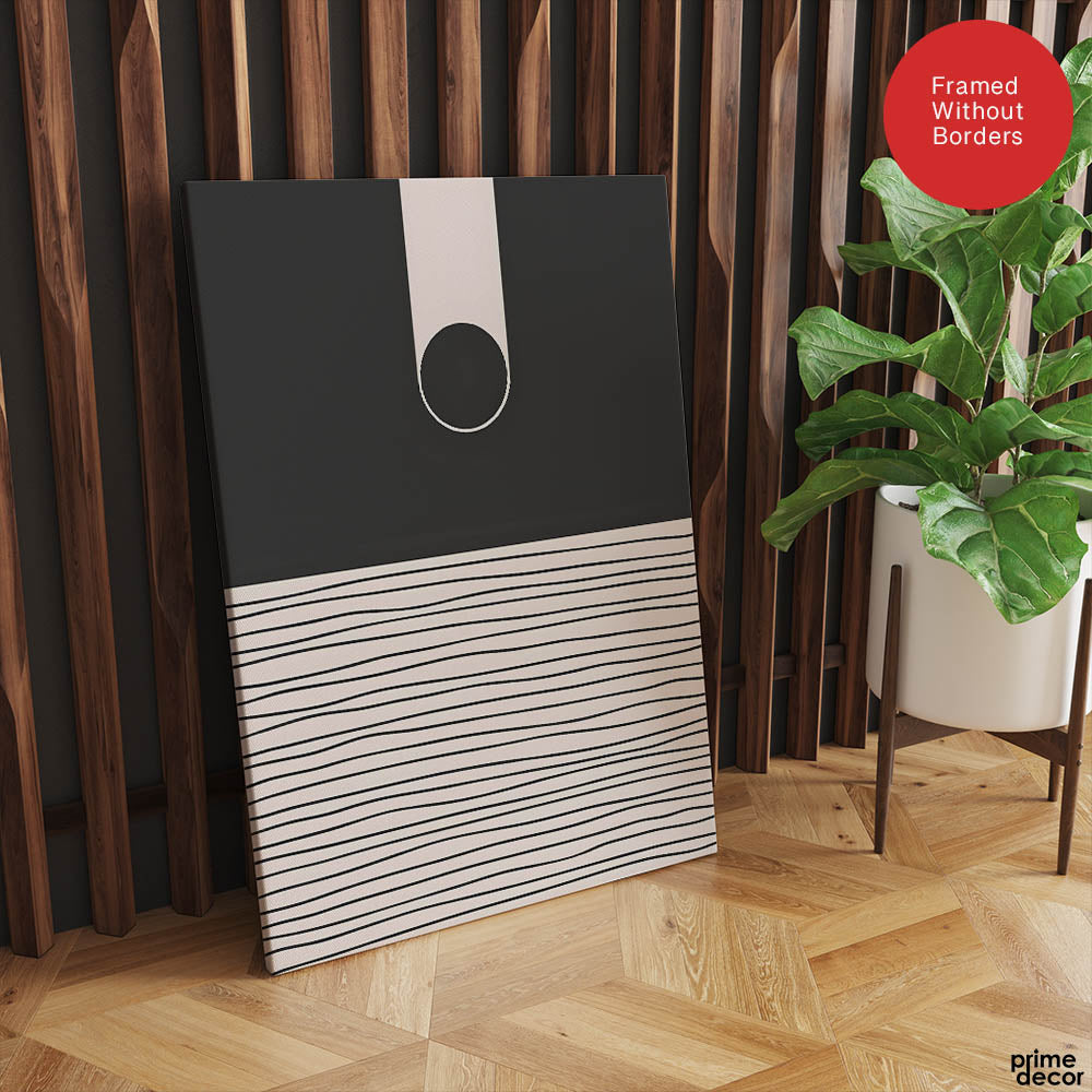 Black & White Linear Design Over Moon Shape Abstract | Abstract Office Artwork #00305 - Prime Décor