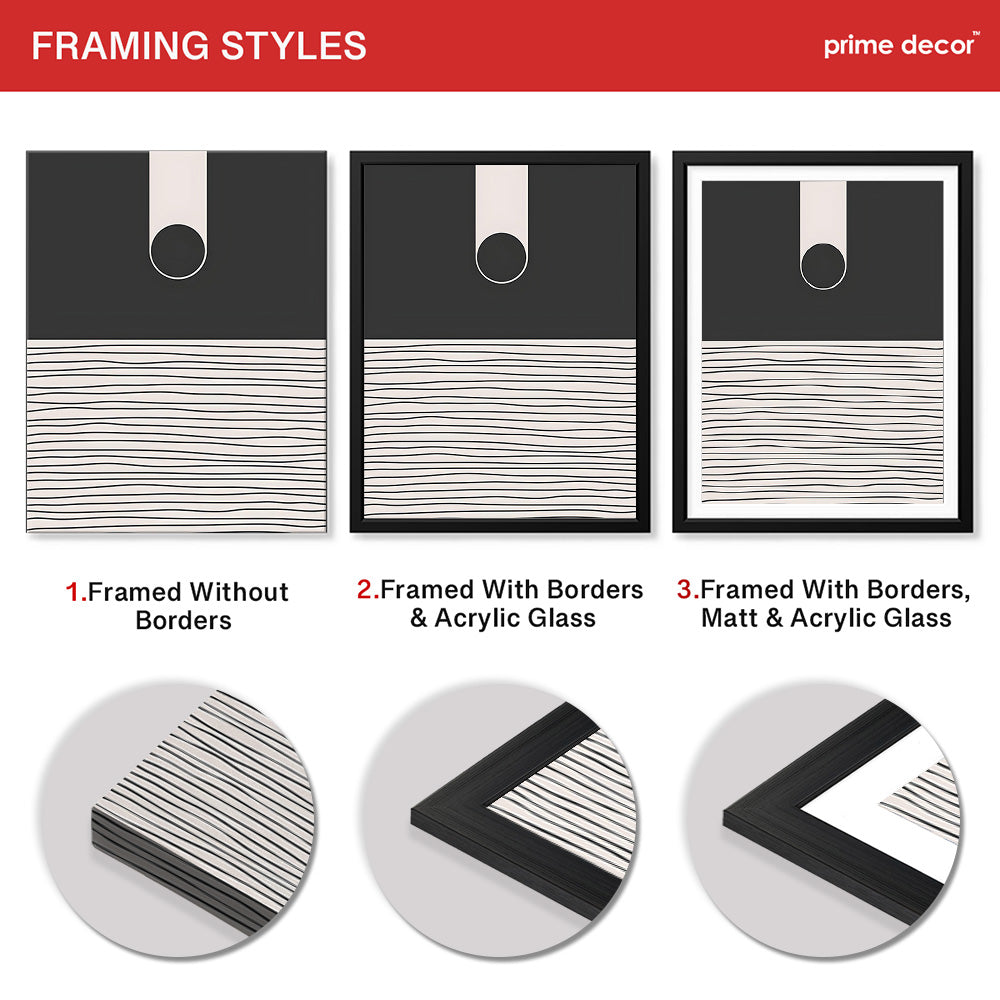 Black & White Linear Design Over Moon Shape Abstract | Abstract Office Artwork #00305 - Prime Décor