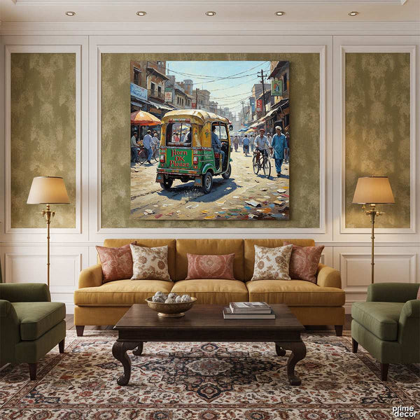 Horn Ok Please Rickshaw Digital Painting (Single Panel) Square Wall Art