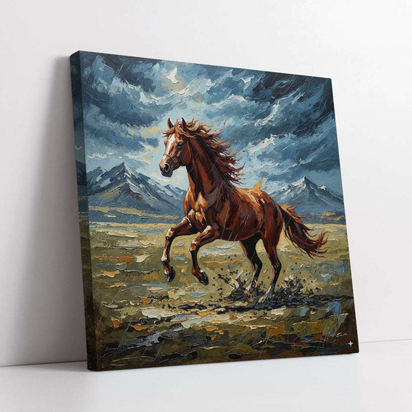 Galloping Horse in a Storm Knife Work Style Digital Painting (Single Panel) Square Wall Art