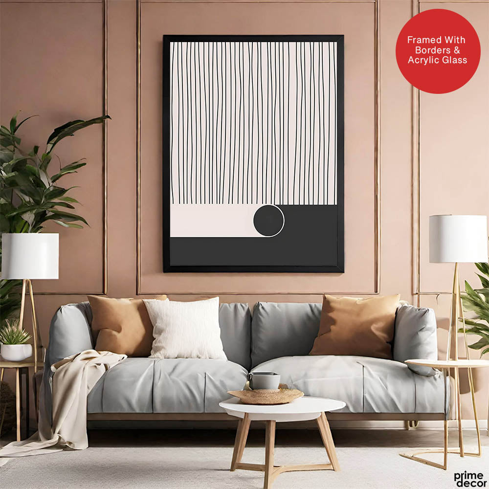 Black & White Linear Design Over Moon Shape Abstract | Abstract Office Artwork #00306 - Prime Décor