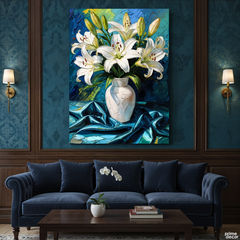 White Lilies In Vase On Blue Satin Knife Work (Single Panel) Digital Painting Wall Art