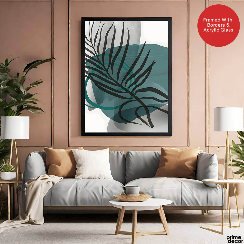 Beautiful Tropical Leaves Over Green & Grey Background | Abstract Floral Artwork #00309 - Prime Décor
