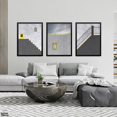 Minimalist Architectural Geometry & Yellow Accents (3 Panel) Abstract Wall Art