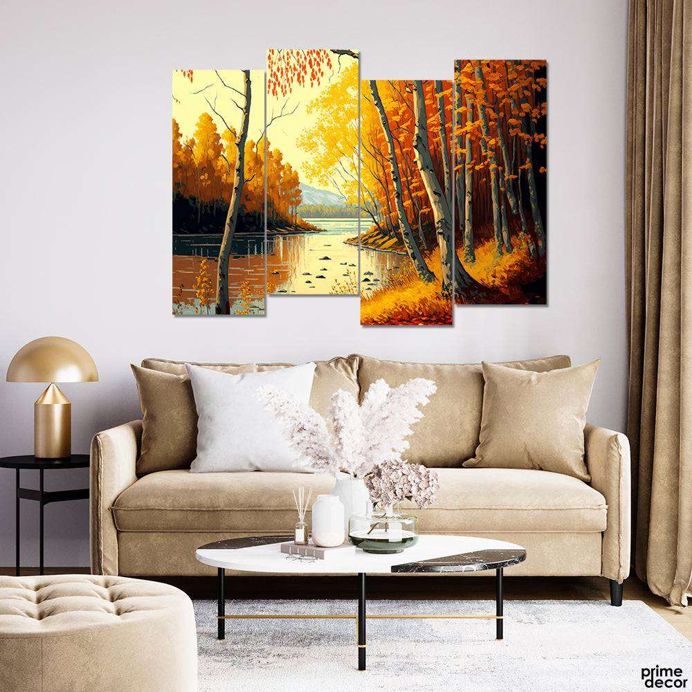 Autumn Trees Over A Lake At Golden Sunset (4 Panel) Nature Wall Art - Prime Décor