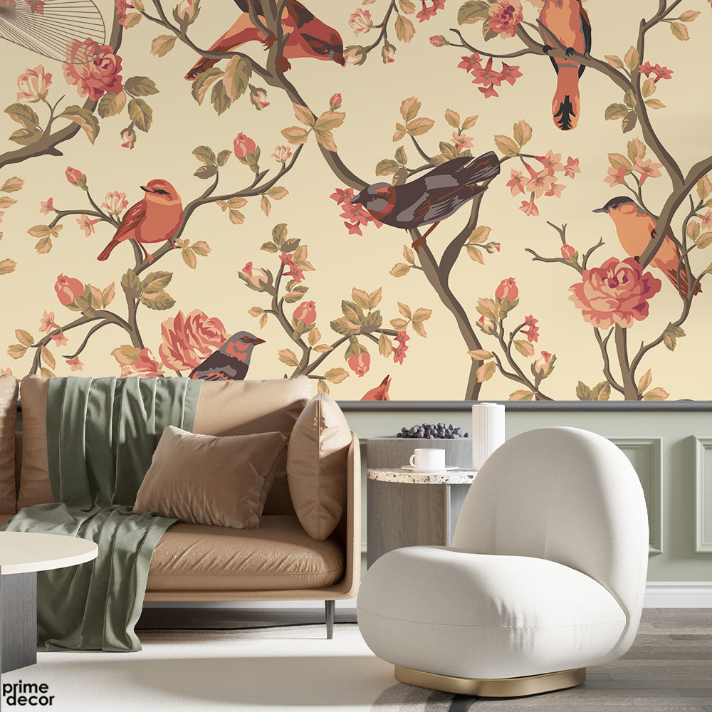Beautiful Birds On A Tree With Colorful Flowers | Floral Wallpaper Mural - Prime Décor