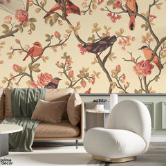 Beautiful Birds On A Tree With Colorful Flowers | Floral Wallpaper Mural - Prime Décor
