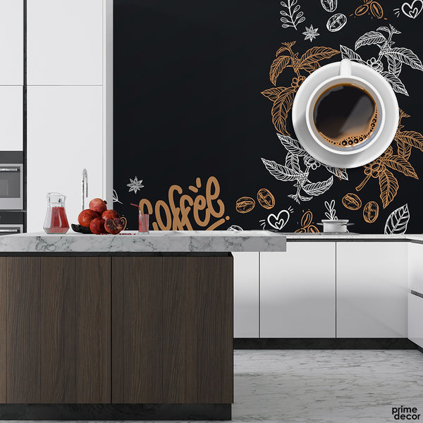 Abstract Gold & White Coffee Artwork Over Black Background | Cafe Wallpaper Mural