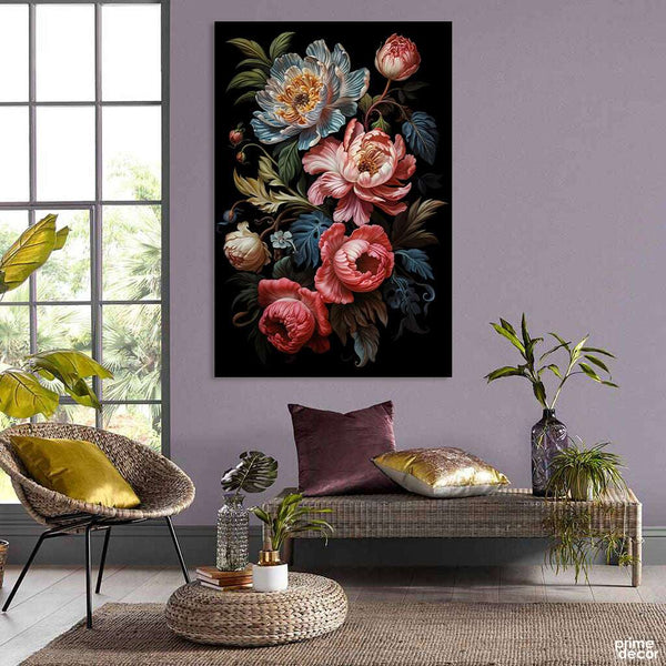 Abstract Beautiful Multicolor Flowers Over Black Background (Single Panel) Floral Wall Art