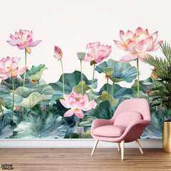 Pink Flowers With Green Leaves Over White Background | Floral Wallpaper Mural