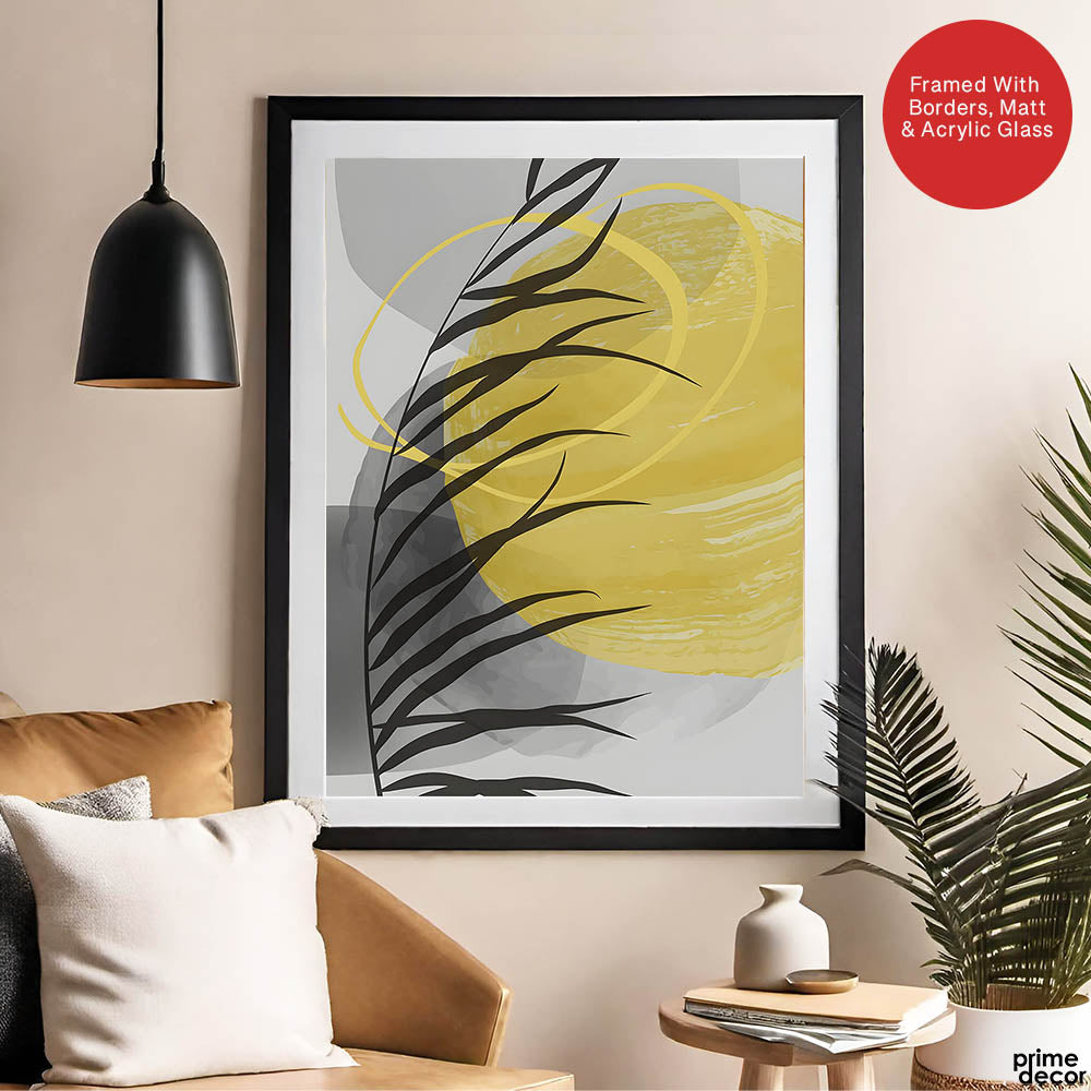 Beautiful Tropical Leaves Over Yellow & Grey Background | Abstract Floral Artwork #00310 - Prime Décor