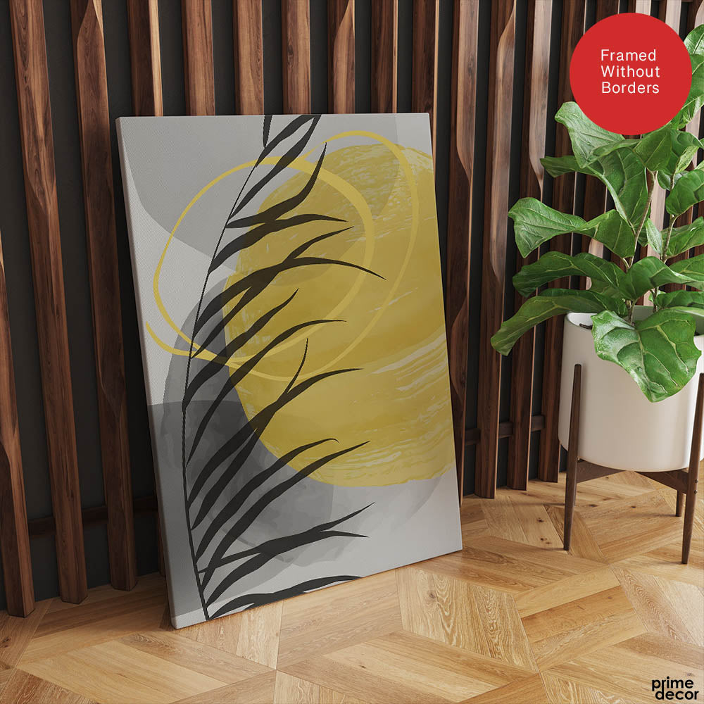 Beautiful Tropical Leaves Over Yellow & Grey Background | Abstract Floral Artwork #00310 - Prime Décor